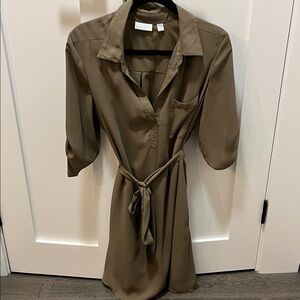 New York & Company Olive Green Tie-Waist Shirt Dress